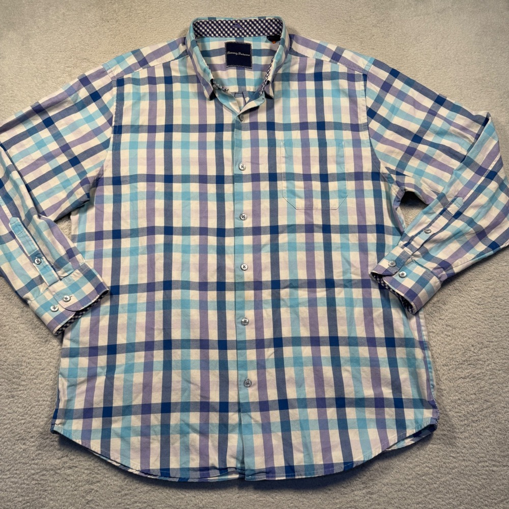 Tommy Bahama Mens XL Plaid Check Flip Cuff Button Down Shirt Pima Cotton